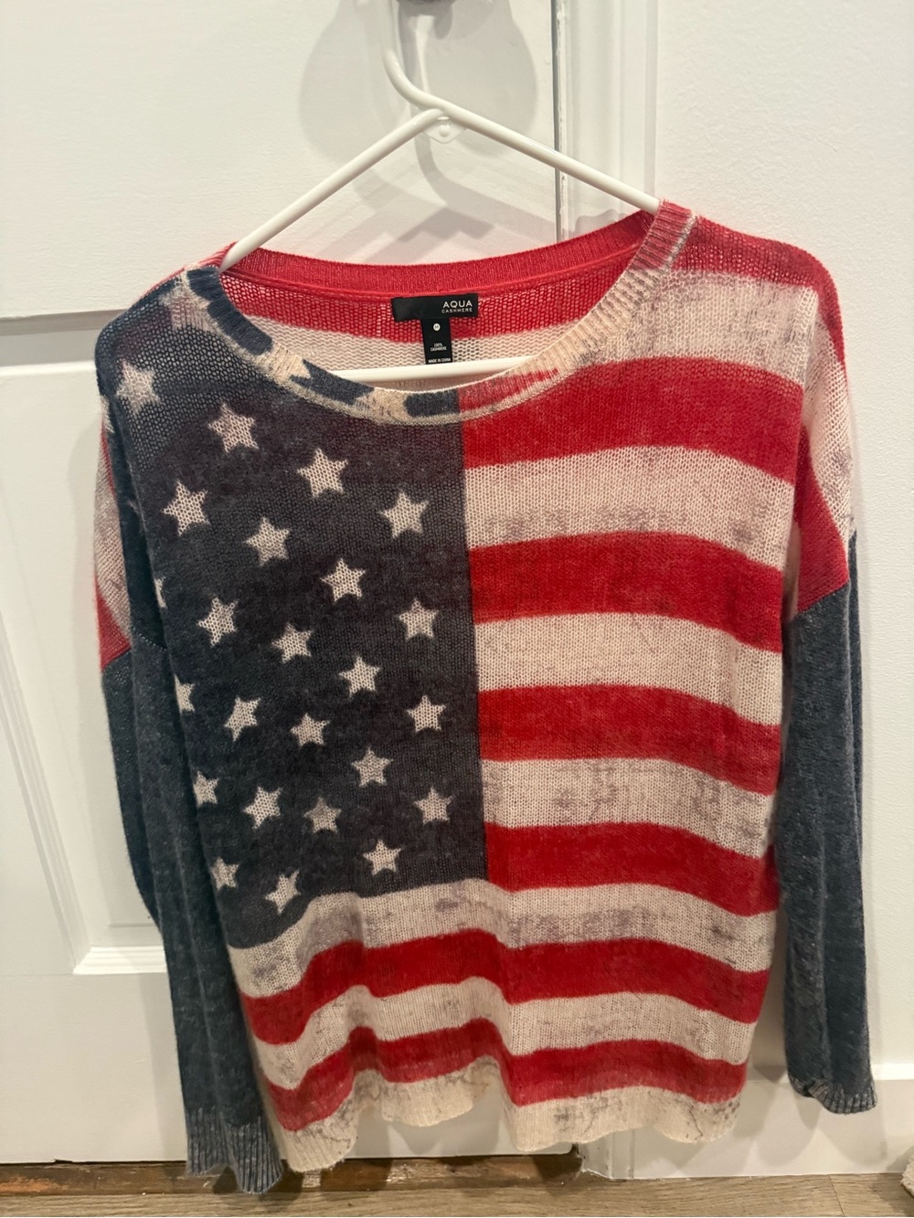 Aqua Red White and Blue Flag-Print Crewneck Sweater